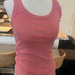 Pink Tank Top with Rhinestone Detail funny